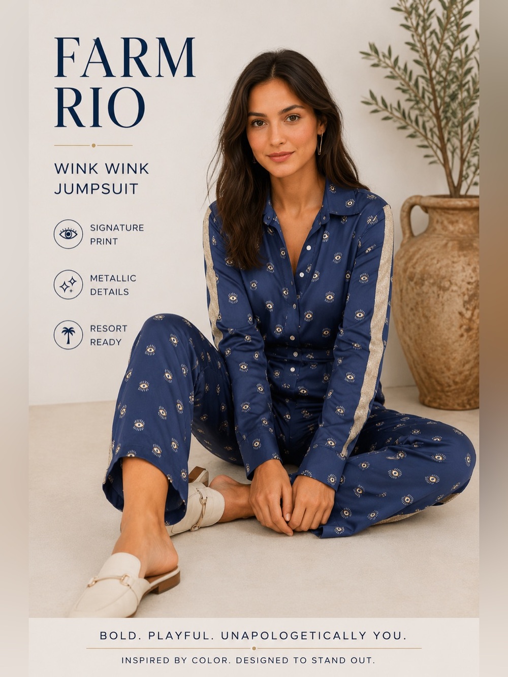 FARM Rio Wink Wink Jumpsuit Blue Evil Eye Print Gold Metallic Stripe Size M